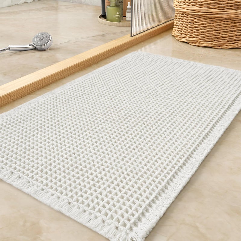 tchdio Waffle Bath Mat Rug Super Absorbent Non Slip Bath Mats for Bathroom Mat Ultra Soft Bathmat Machine Washable Bath Rugs with Tassels Bath Rugs for Bathroom Floor Beside Tub 17 x 24 White - Image 2