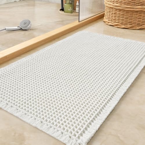 tchdio Waffle Bath Mat Rug Super Absorbent Non Slip Bath Mats for Bathroom Mat Ultra Soft Bathmat Machine Washable Bath Rugs with Tassels Bath Rugs for Bathroom Floor Beside Tub 17 x 24 White - Image 1