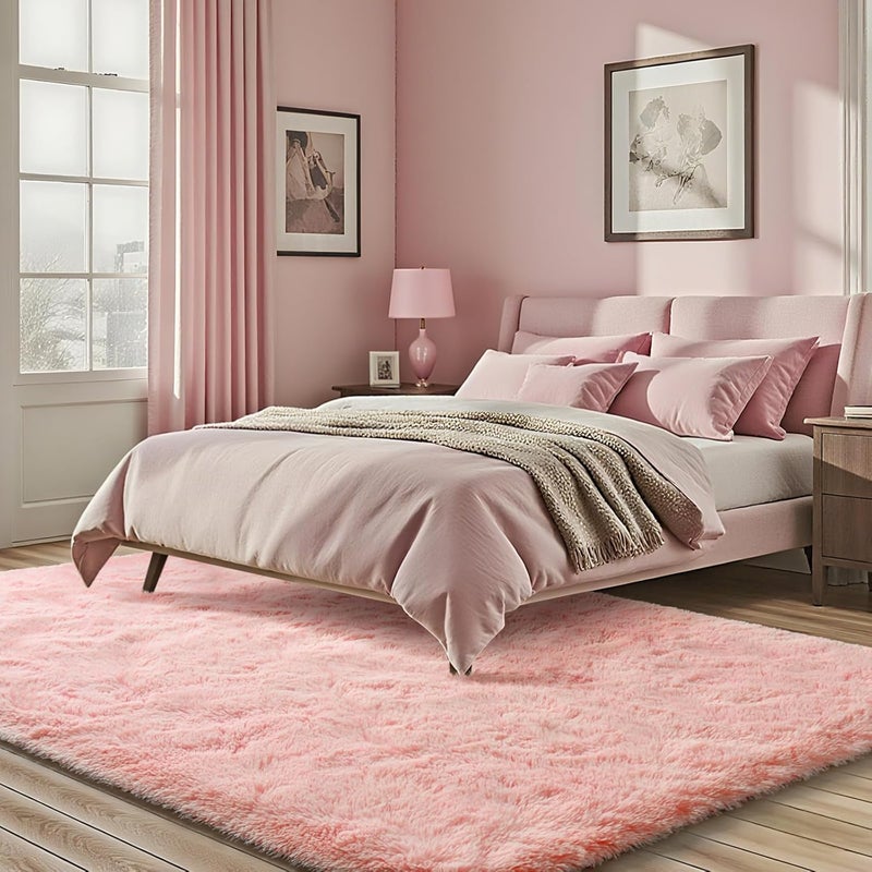 ISEAU Fluffy Rug Dorm College Apartment Carpets Soft Shaggy Area Rugs Indoor Floor Mats for Kids Room Fuzzy Carpet Bedside for Boys Girls Bedroom Living Room Home Decor Mat, 5ft x 8ft, Pink - Image 3