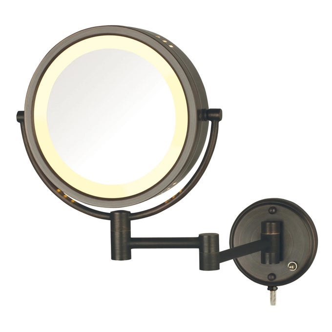 WALLMOUNTED MAGNIFIYING MAKEUP MIRROR WITH LIGHTS LIGHTED BATHROOM MIRROR WITH BRONZE FINISH 8X1X MAGNIFICATION MODEL HL75BZ PLUG IN MIRROR