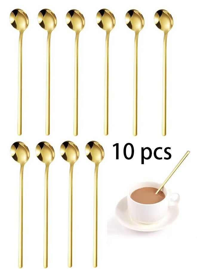 OMEVE 10 PCS 13.7cm Coffee Spoons Stainless Steel Small Round Spoon Stirring Spoons Tea Spoons Long Handle Gold Teaspoons Ice Tea Spoons Long Spoons for Stirring Gold Espresso Spoons Stainless Steel（Gold）  - Image 1