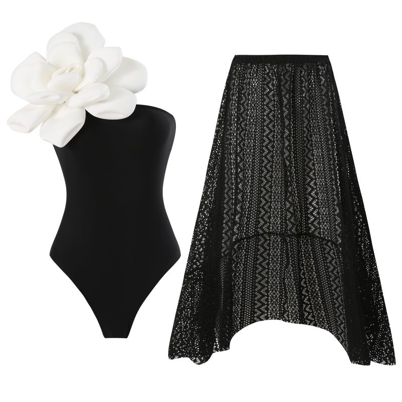 [ ] Multi-Color Conjoined Three-Dimensional Large Flower Tube Chest Slim Triangle Two-Piece Wrap Skirt - Image 3