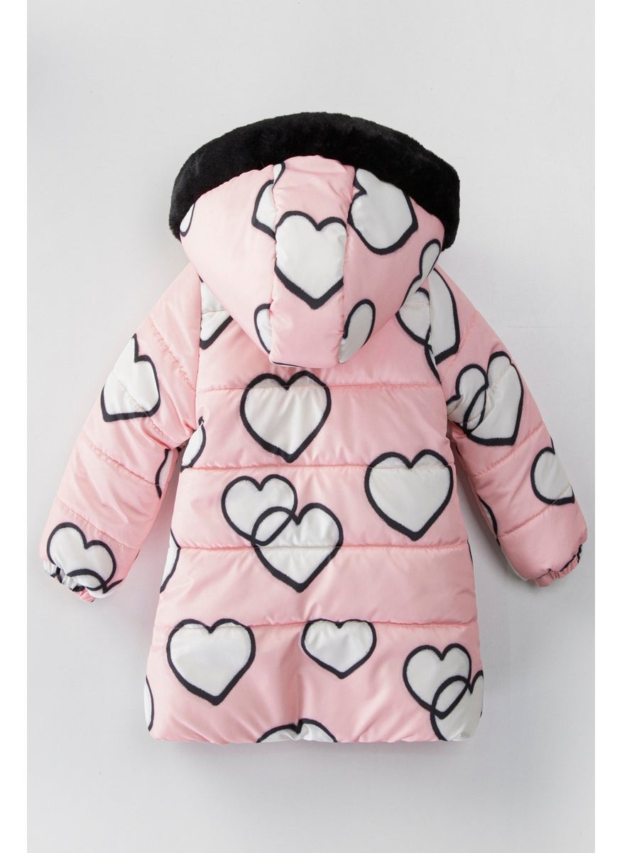 Podium Giyim Podium Clothing Trend Cute Heart Figured Zippered Gilded Furry Pocket Hooded Winter Coat  - Image 3
