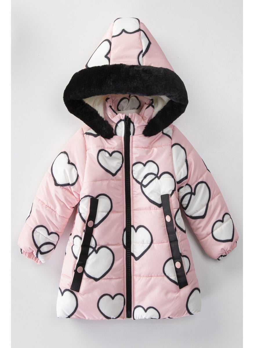 Podium Giyim Podium Clothing Trend Cute Heart Figured Zippered Gilded Furry Pocket Hooded Winter Coat  - Image 1