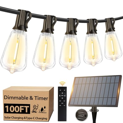 Bosceos Solar String Lights Outdoor Waterproof 100FT with Remote and 52 ST38 LED Shatterproof Edison Bulbs, Timer, Dimmable Solar Patio String Lights with USB Charging for Backyard, Garden, Camping, Weddings - Image 1