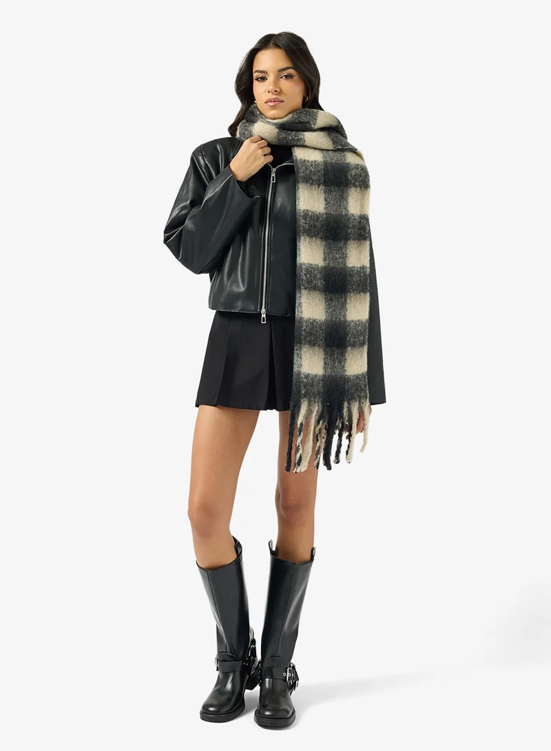 Ginger Soft Checkered Tassel Scarf