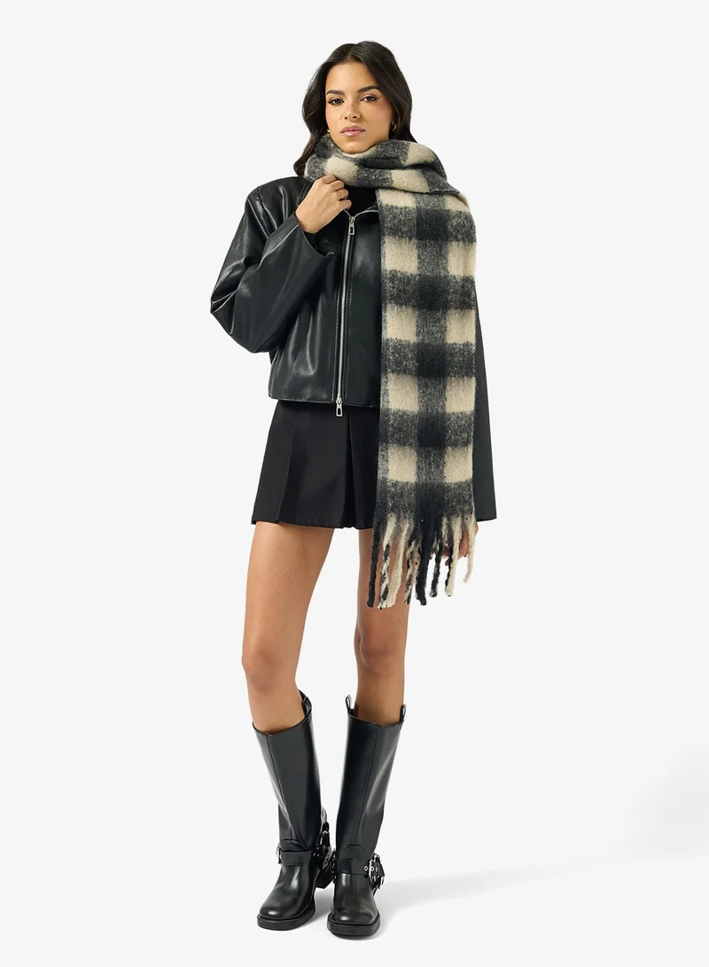 Ginger Soft Checkered Tassel Scarf