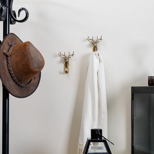 SOFFEE DESIGN 2pcs Metal Golden Coat Hook with Hanging Deer Head Shape for Entryway, Bathroom, Bedroom, Retro Double Hooks Farmhouse Decoration - Image 2