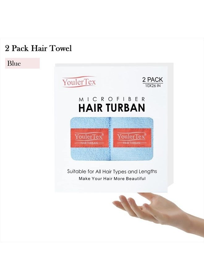 YoulerTex - Microfiber Hair Towel Wrap for Women, 2 Pack 10 inch X 26 inch, Super Absorbent Quick Dry Hair Turban for Drying Curly, Long & Thick Hair (Blue) … - Image 1