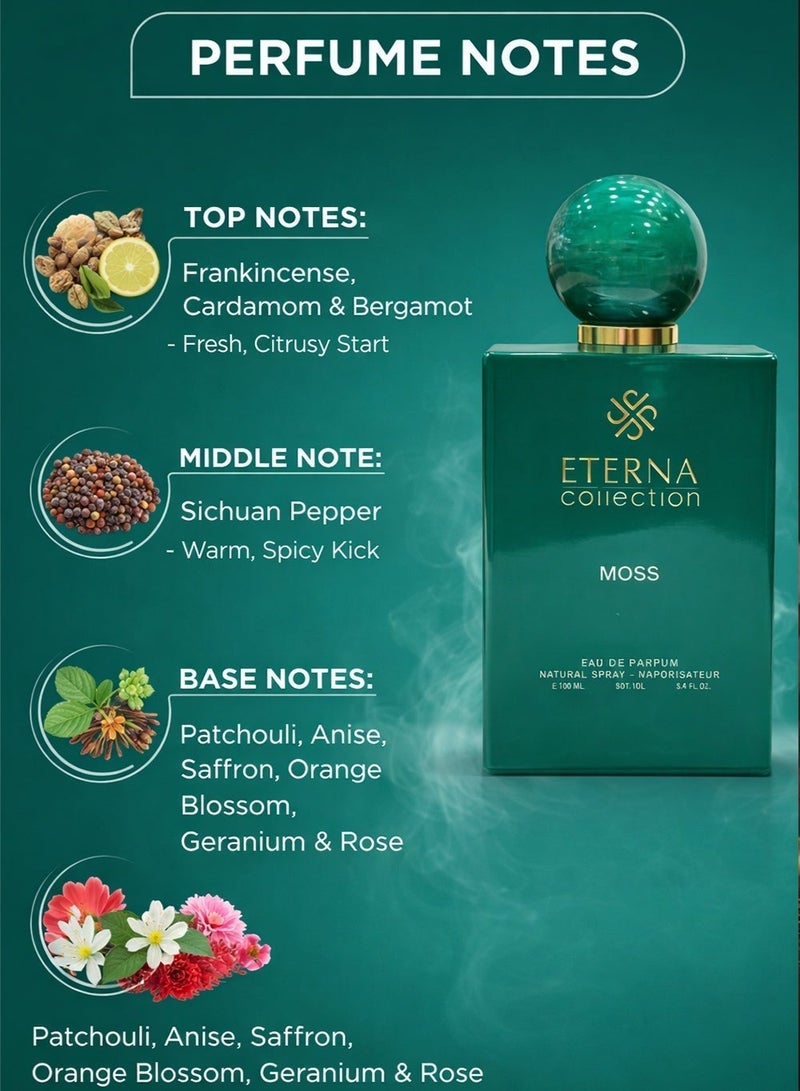 Divina Eterna Collection Moss Eau De Parfum 100ml – Cardamom, Bergamot, Orange, Rose, Patchouli, Saffron & Anise Blossom | Long Lasting Unisex Perfume - Image 1