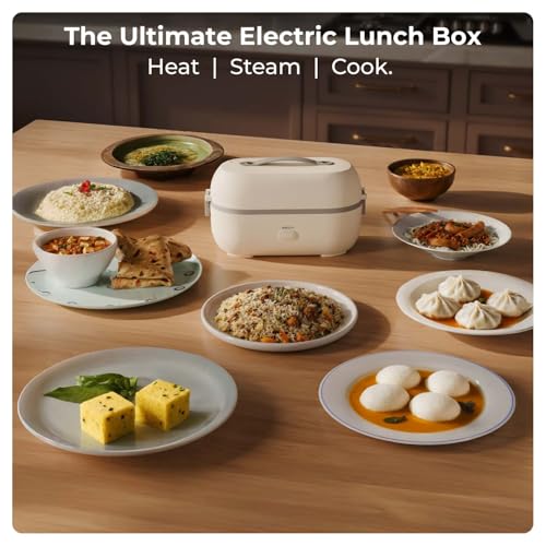 Xech Electric Lunch Box for Office & Travel | Heated Tiffin Box Heater | Hot Food in 5 Minutes Steam Heating | 2 Leakproof Stainless Steel Containers | Auto Cut-Off | Cool Touch Body - Image 2
