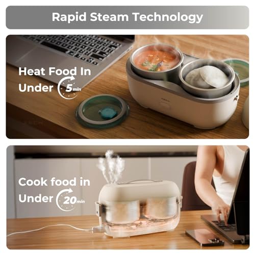 Xech Electric Lunch Box for Office & Travel | Heated Tiffin Box Heater | Hot Food in 5 Minutes Steam Heating | 2 Leakproof Stainless Steel Containers | Auto Cut-Off | Cool Touch Body - Image 3