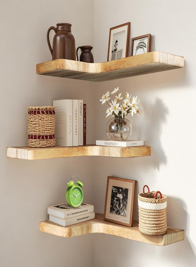 jubilander Floating Corner Shelves Set of 3, Solid Wood Picture Wall Shelf, Floating Shelves for Storage for Bedroom Kitchen Bathroom Living Room (Light Burnt) - Image 1