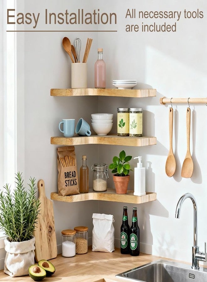 jubilander Floating Corner Shelves Set of 3, Solid Wood Picture Wall Shelf, Floating Shelves for Storage for Bedroom Kitchen Bathroom Living Room (Light Burnt) - Image 4