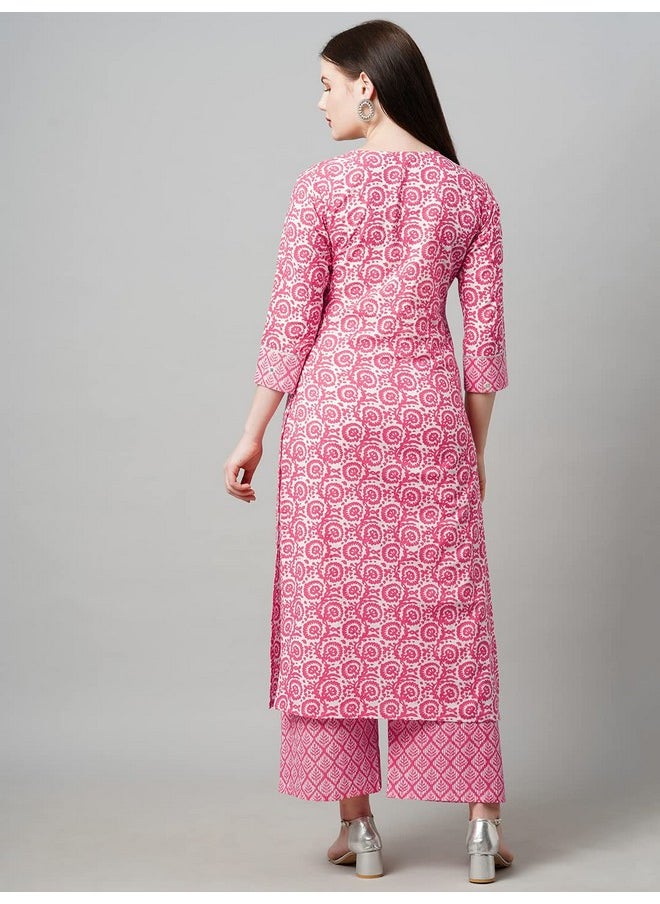 آني ديزاينر - طقم كورتا وبلازا تقليدي مطبوع من ANNI DESIGNER للنساء من مزيج القطن (Valab Pink_L_Pink_Large) - Image 1