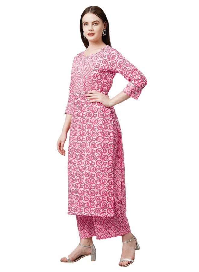 آني ديزاينر - طقم كورتا وبلازا تقليدي مطبوع من ANNI DESIGNER للنساء من مزيج القطن (Valab Pink_L_Pink_Large) - Image 1