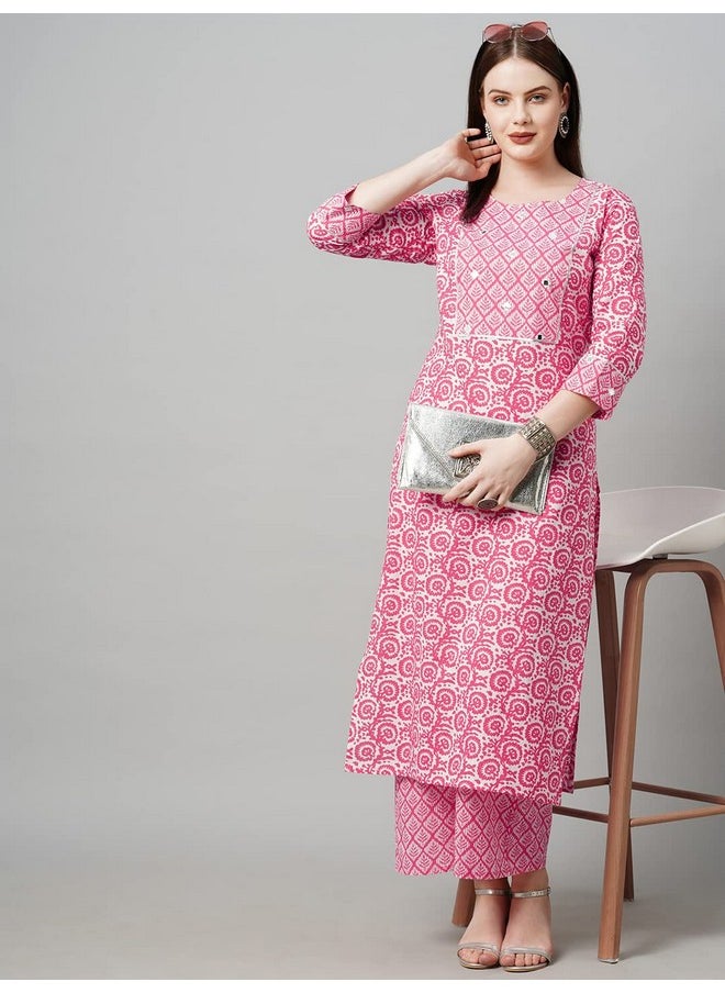 آني ديزاينر - طقم كورتا وبلازا تقليدي مطبوع من ANNI DESIGNER للنساء من مزيج القطن (Valab Pink_L_Pink_Large) - Image 1