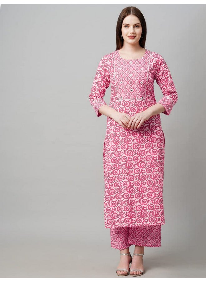 آني ديزاينر - طقم كورتا وبلازا تقليدي مطبوع من ANNI DESIGNER للنساء من مزيج القطن (Valab Pink_L_Pink_Large) - Image 1