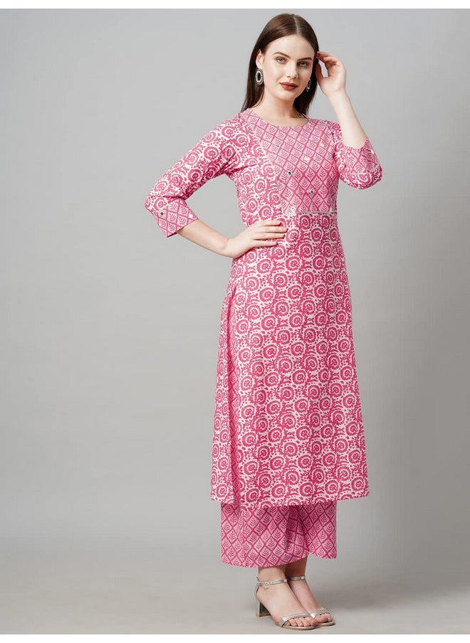 آني ديزاينر - طقم كورتا وبلازا تقليدي مطبوع من ANNI DESIGNER للنساء من مزيج القطن (Valab Pink_L_Pink_Large) - Image 1