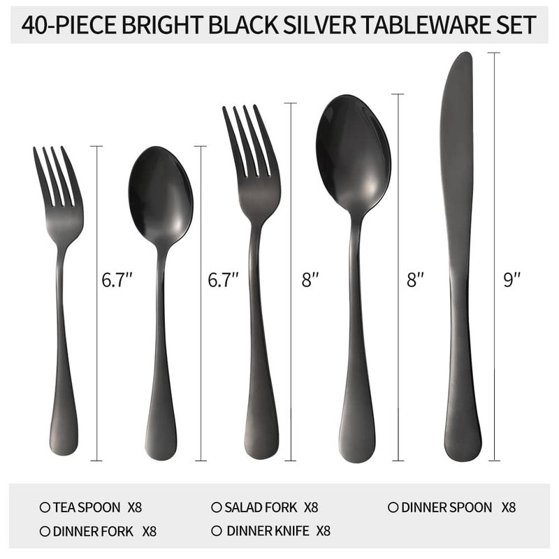 Xingjiake 40-Piece Black Silverware Set  Flatware Cutlery Set  Stainless Steel Knives Forks And Spoons Kitchen Utensils Set  Tableware Set Service For 8  Dishwasher Safe - Image 3