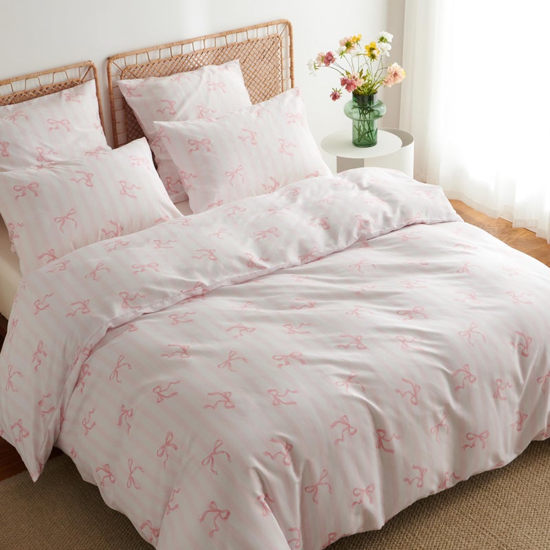 Bildenly Bow Duvet Cover Full Size Pink Striped Bowknot Bedding Set Kids Girls Cute Bows Vertical Stripes Soft Breathable Microfiber Comforter Cover Set with Zipper Closure and 2 Pillowcases - Image 2