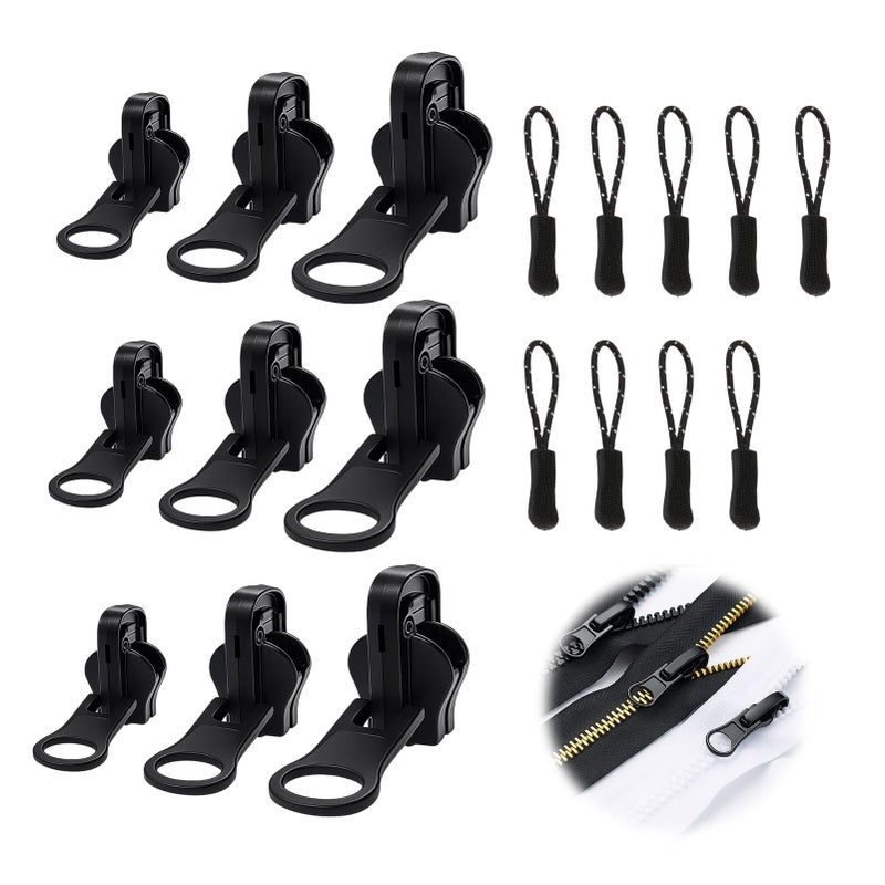 YUEWEESER Zipper Replacement Kit Universal Double-Sided Zipper Slider Repair Kit 9 Pack 3 Different Size Black Zippers Fix Repair Kit for Jackets, Backpack, Coats, Tents, Luggage, Bags - Image 1