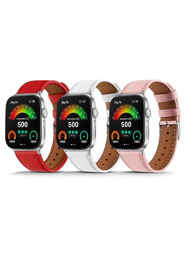 O Ozone (Pack of 3) Leather Straps Compatible with Huawei Watch Fit 3/Fit 4/Fit 4 Pro Bands, Soft Leather Sport Fitness Strap Bracelet for Men Women, Adjustable Replacement Band - Pink/White/Red - Image 1