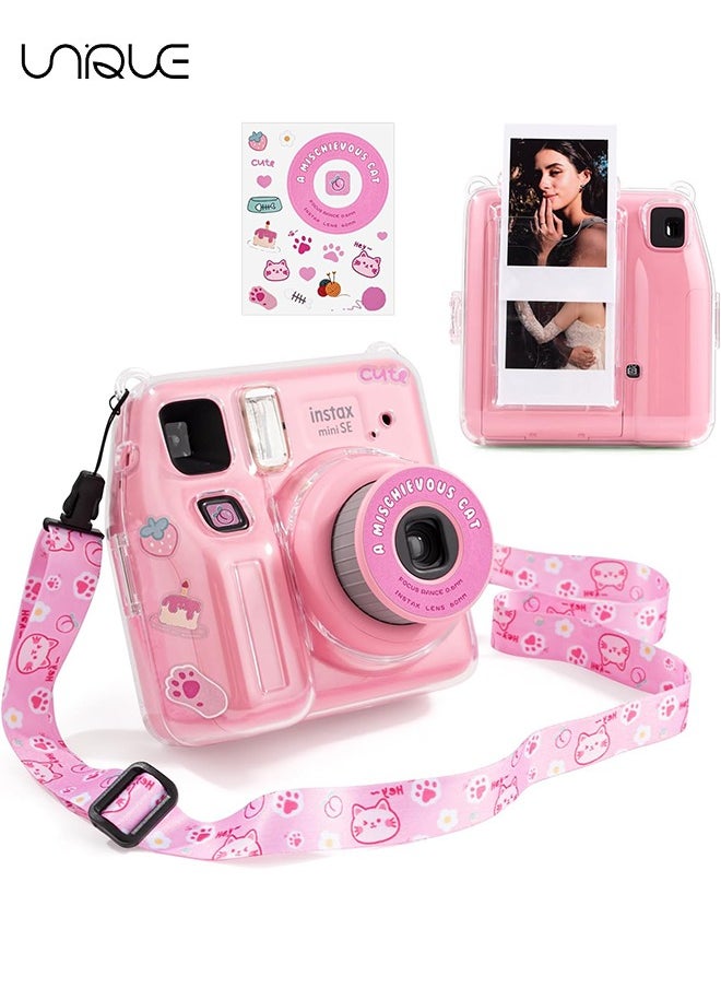 Unique 3 Pack Clear Camera Case - Hard Clear Case for Fujifilm Instax Mini SE Instant Camera, Mini SE Plastic Cover with Cute Sticker and Shoulder Strap - Pink Hey Cat  - Image 1