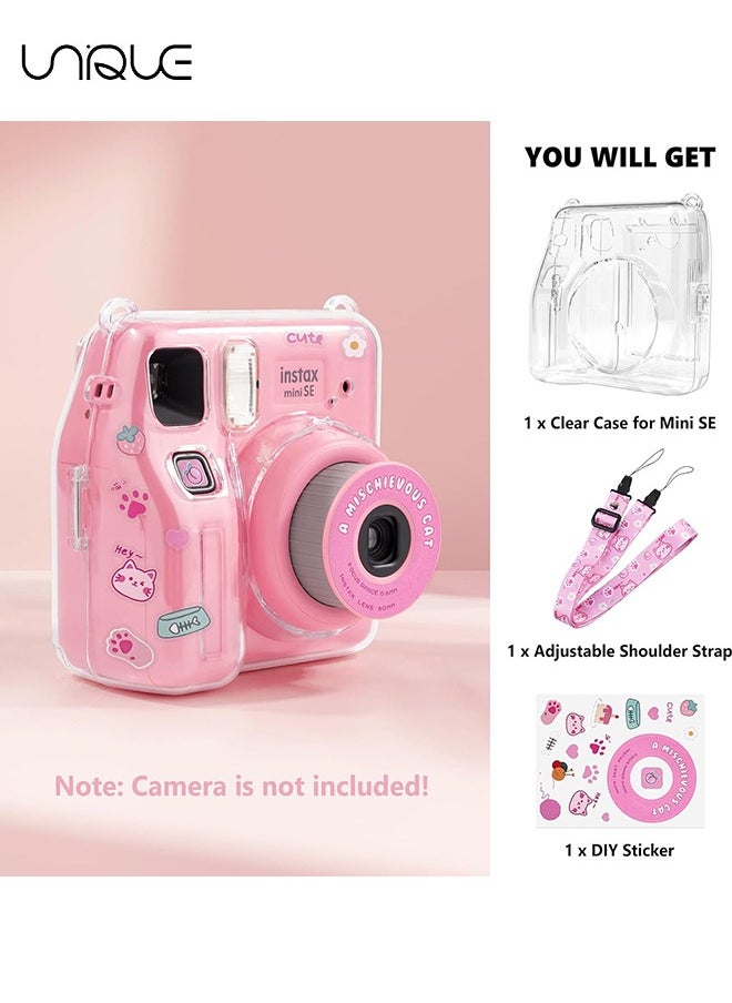 Unique 3 Pack Clear Camera Case - Hard Clear Case for Fujifilm Instax Mini SE Instant Camera, Mini SE Plastic Cover with Cute Sticker and Shoulder Strap - Pink Hey Cat  - Image 3