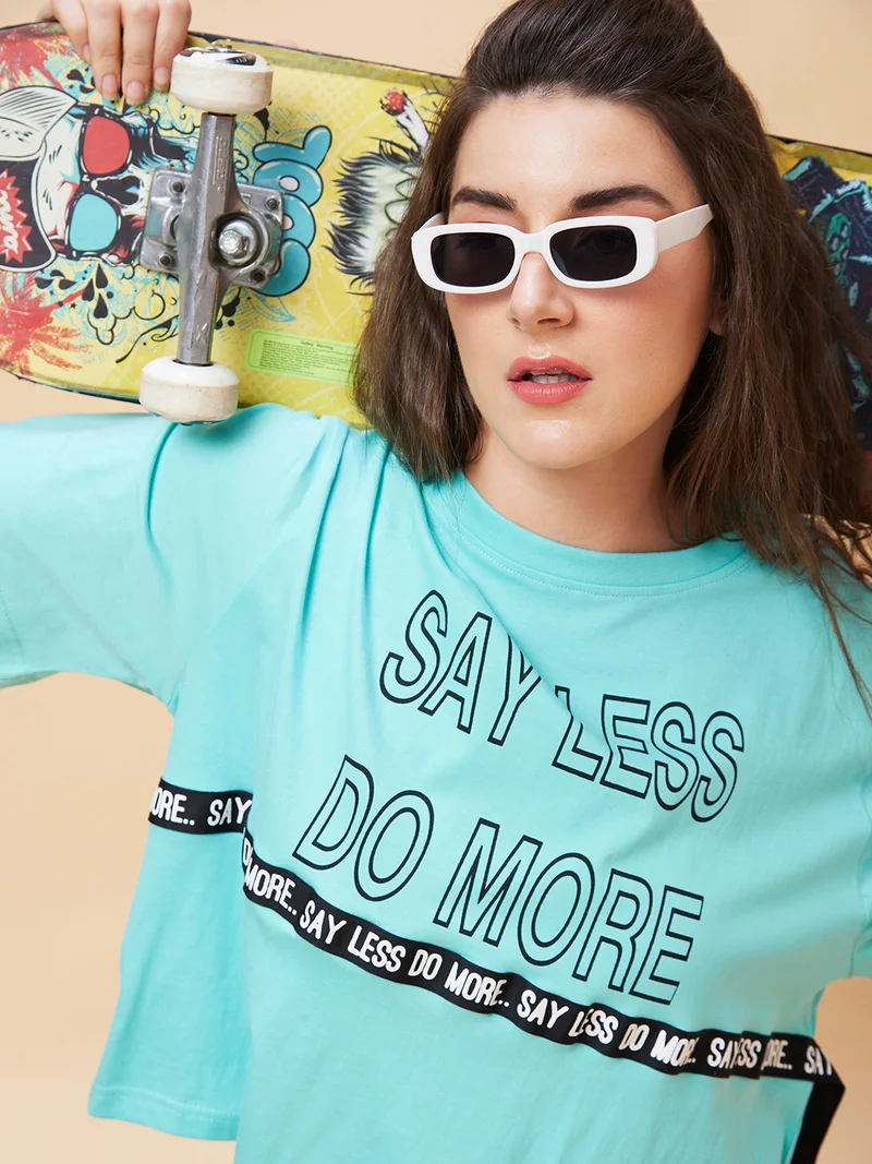 Women Typography Printed Crop Boxy T-Shirt