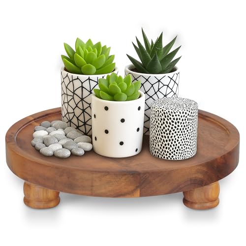 Demigo 10" Acacia Wood Round Tray - Decorative Plant Stand, Farmhouse Countertop Organizer, Multi-Purpose Display Pedestal, Riser Board for Soap, Perfume, Candles, Sponge, Bathroom, Kitchen - Image 1