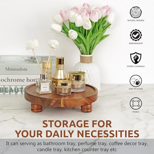 Demigo 10" Acacia Wood Round Tray - Decorative Plant Stand, Farmhouse Countertop Organizer, Multi-Purpose Display Pedestal, Riser Board for Soap, Perfume, Candles, Sponge, Bathroom, Kitchen - Image 5
