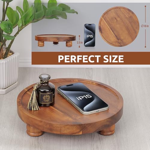 Demigo 10" Acacia Wood Round Tray - Decorative Plant Stand, Farmhouse Countertop Organizer, Multi-Purpose Display Pedestal, Riser Board for Soap, Perfume, Candles, Sponge, Bathroom, Kitchen - Image 2