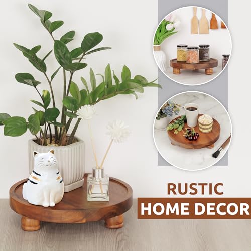 Demigo 10" Acacia Wood Round Tray - Decorative Plant Stand, Farmhouse Countertop Organizer, Multi-Purpose Display Pedestal, Riser Board for Soap, Perfume, Candles, Sponge, Bathroom, Kitchen - Image 3