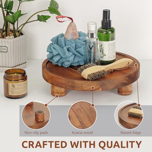Demigo 10" Acacia Wood Round Tray - Decorative Plant Stand, Farmhouse Countertop Organizer, Multi-Purpose Display Pedestal, Riser Board for Soap, Perfume, Candles, Sponge, Bathroom, Kitchen - Image 4