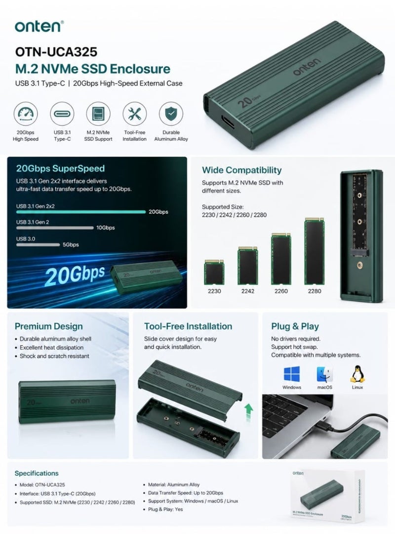 أونتن غطاء محرك أقراص Onten OTN-UCA325 M.2 NVMe SSD، USB 3.1 Type-C، علبة خارجية عالية السرعة 20 جيجابت في الثانية - Image 2