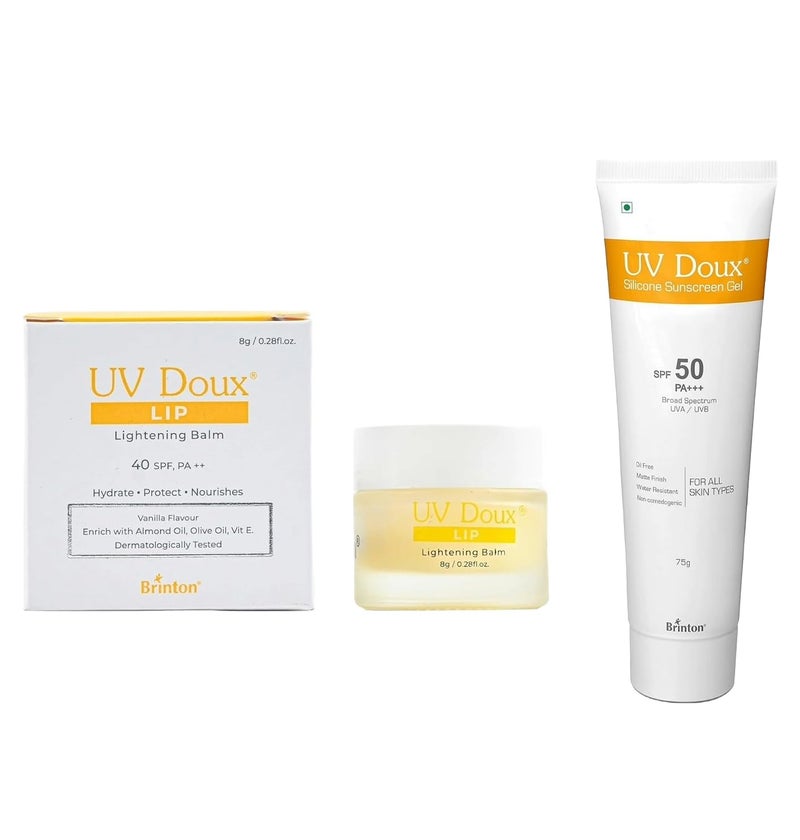 Brinton Brinton LIP Balm 8gm and Brinton Healthcare UvDoux Face  Body Sunscreen gel with SPF 50 PA in Matte Finish and Oil Free Formula Water Resistant Sunscreen Protection against UVAUVB Rays 75 GM - Image 1