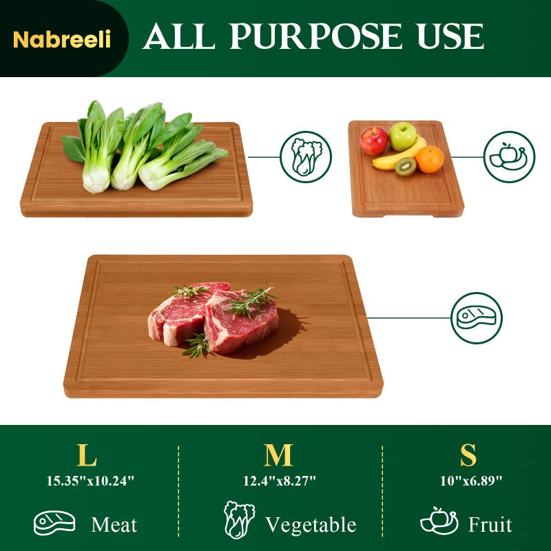 nabreeli Bamboo Cutting Board Set of 3, Carbonized Wood Chopping Boards with Juice Groove & Non-Slip Feet, Large Wooden Boards for Meat, Cheese Charcuterie, with Holder Christmas Gift for Home - Image 5