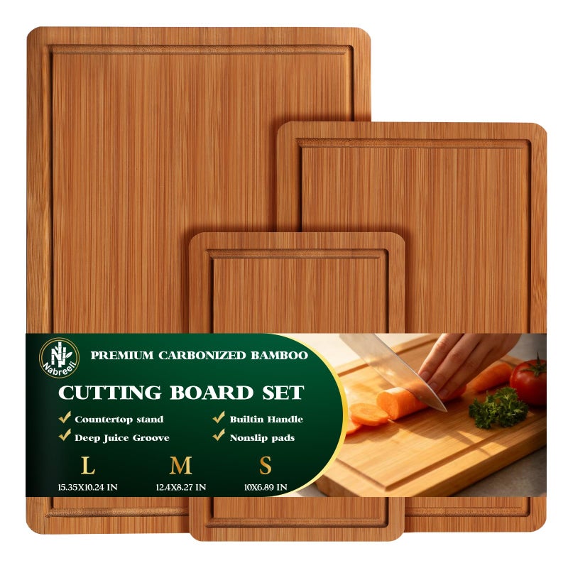 nabreeli Bamboo Cutting Board Set of 3, Carbonized Wood Chopping Boards with Juice Groove & Non-Slip Feet, Large Wooden Boards for Meat, Cheese Charcuterie, with Holder Christmas Gift for Home - Image 1