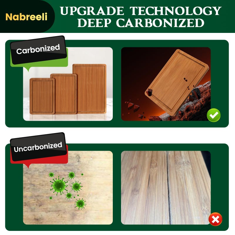 nabreeli Bamboo Cutting Board Set of 3, Carbonized Wood Chopping Boards with Juice Groove & Non-Slip Feet, Large Wooden Boards for Meat, Cheese Charcuterie, with Holder Christmas Gift for Home - Image 2