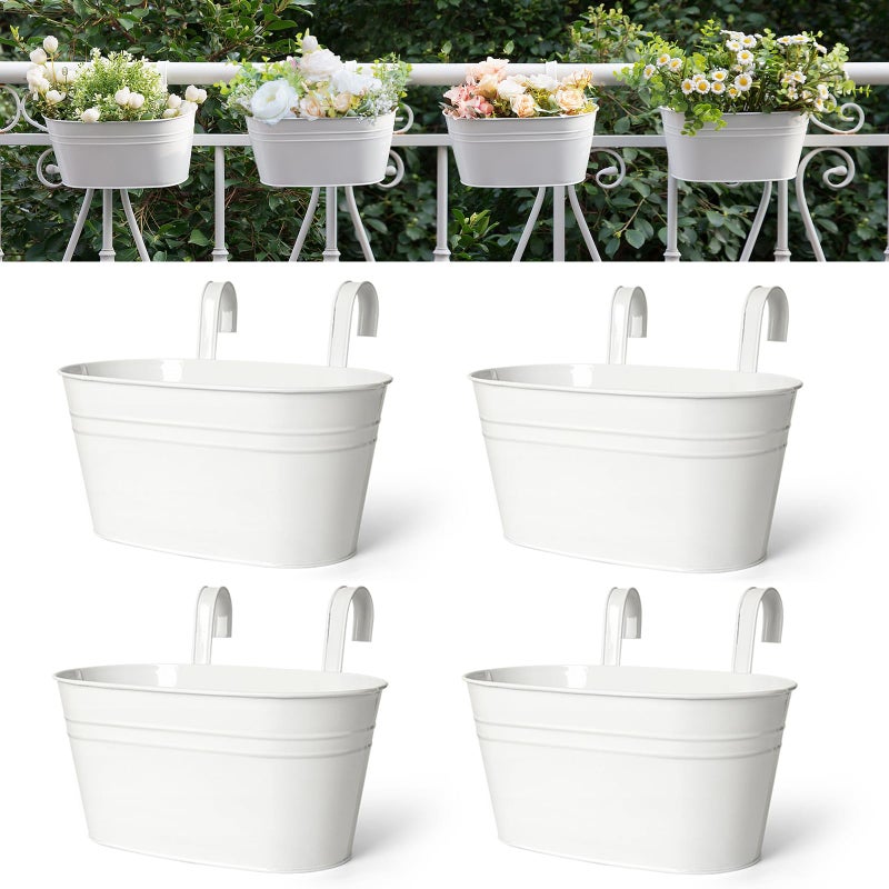 Dahey 105 Inch Metal Iron Hanging Flower Pots for Railing Fence Hanging Bucket Pots Countryside Style Outdoor Planter Window Flower Plant Holder with Detachable Hooks Home DecorWhite4 Pcs