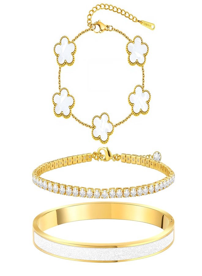 MOINSPIRE Gold Bracelets for Women, 18K Gold Plated Tennis Nail Clover love Bangle Bracelets Set Non Tarnish, Stainless Steel Trendy Stackable Bracelet Fashion Jewelry Accessories Gifts for Christmas - Image 1