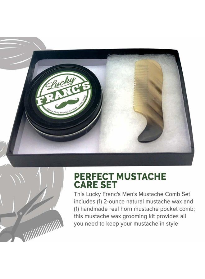 Lucky Franc's 2 oz. Strong Hold Mustache Wax and Real Ox Horn Comb Grooming Set. Wax that Stache in Style. Unscented Natural Moustache Wax and Stache or Beard Comb. Handmade Gift Set for Men - Image 2