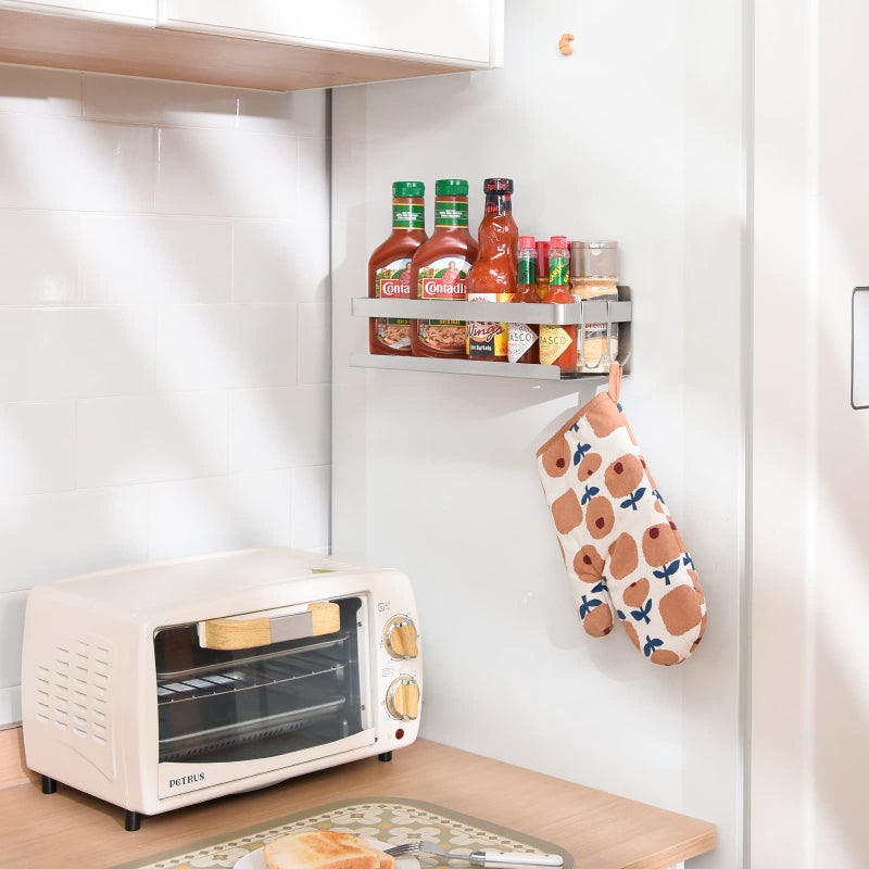 Yoniccal Magnetic Spice Rack for Refrigerator Spice Organizer, Strong Magnetic Shelf with 2 Removable Hooks Space Saver for Refrigerator and Microwave Oven, Metal Fridge Shelf(1 pack Silver) - Image 2