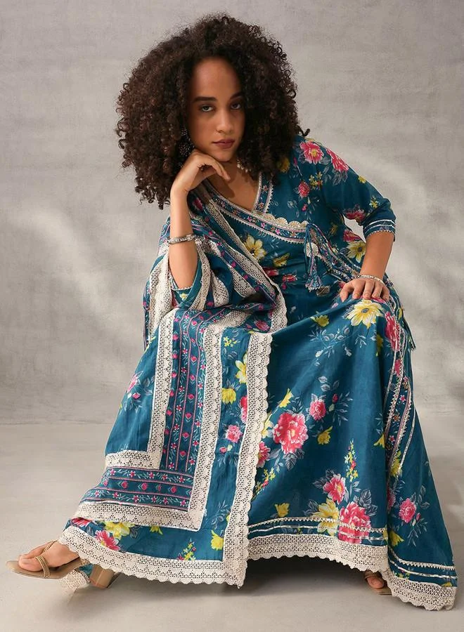 Ishin  Women's Teal Blue Cotton Self Designed Tunic Upper Full Length Palazzo Bottom Regular Fit 3 Piece Kurta Set for Women | Best Price UAE