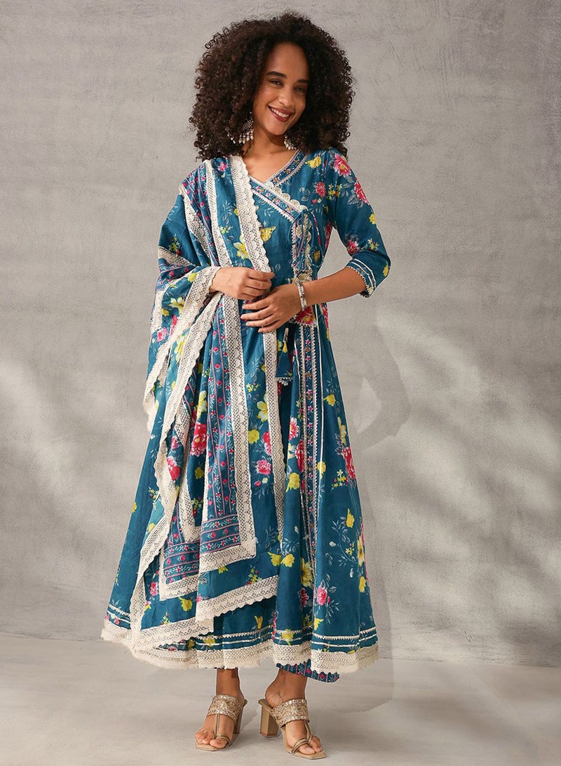 ISHIN Women's Teal Blue Cotton Self Designed Tunic Upper Full Length Palazzo Bottom Regular Fit 3 Piece Kurta Set - Image 1