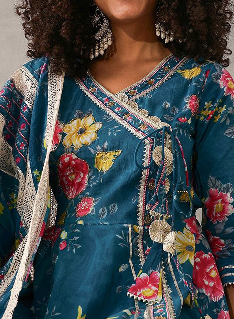 ISHIN Women's Teal Blue Cotton Self Designed Tunic Upper Full Length Palazzo Bottom Regular Fit 3 Piece Kurta Set - Image 2