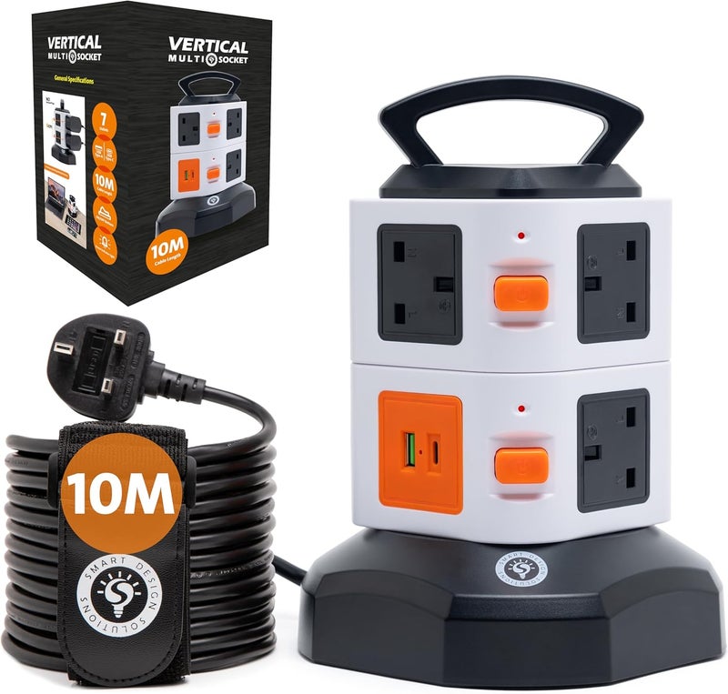 Smart Design Solutions Tower Extension Cord with USB | Multi Plug UK Power Strip Tower | 10m Cable | Surge Protector - Image 1