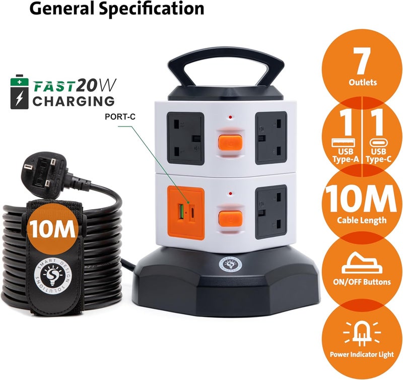 Smart Design Solutions Tower Extension Cord with USB | Multi Plug UK Power Strip Tower | 10m Cable | Surge Protector - Image 2