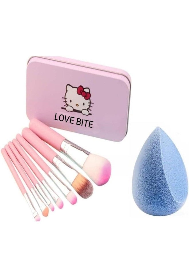 Love Bite 7-Piece Makeup Brush Set with Storage Case, Pink Professional Brushes for Foundation, Blush, Eyeshadow, Eyeliner, Eyebrow, Beauty Blender Sponge - Image 1
